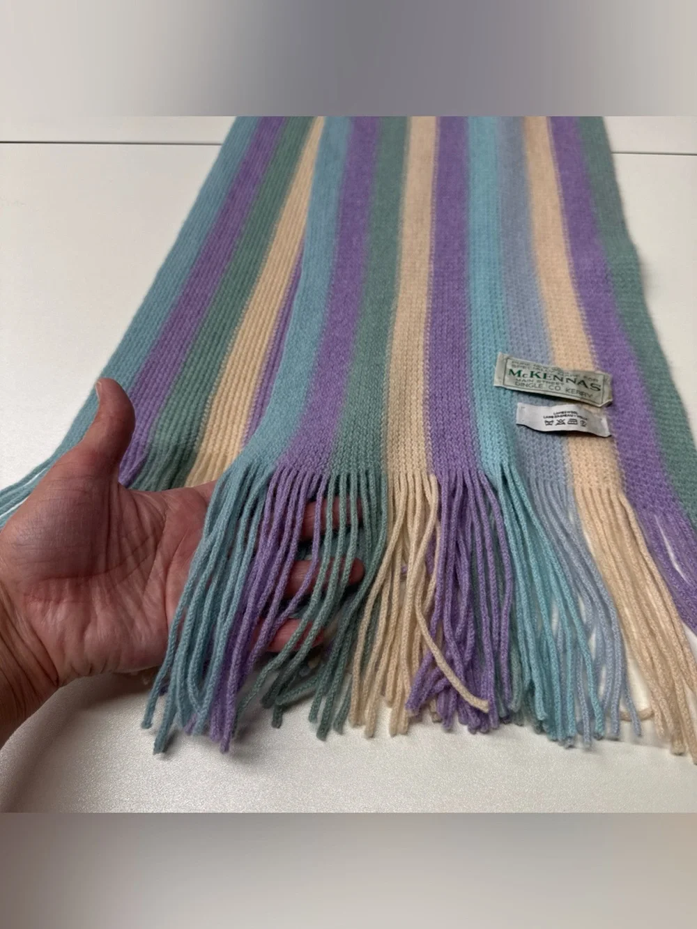 Mc Kennas 100% Pure New Wool Knitted Fringe Hem Scarf Women Pastel Striped 8x76